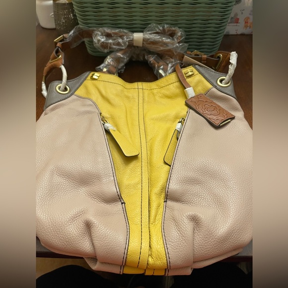 NWT OR YANY Pebble Leather Colorblock Victoria Yellow, Tan, Grey Large Hobo Bag - Picture 6 of 14